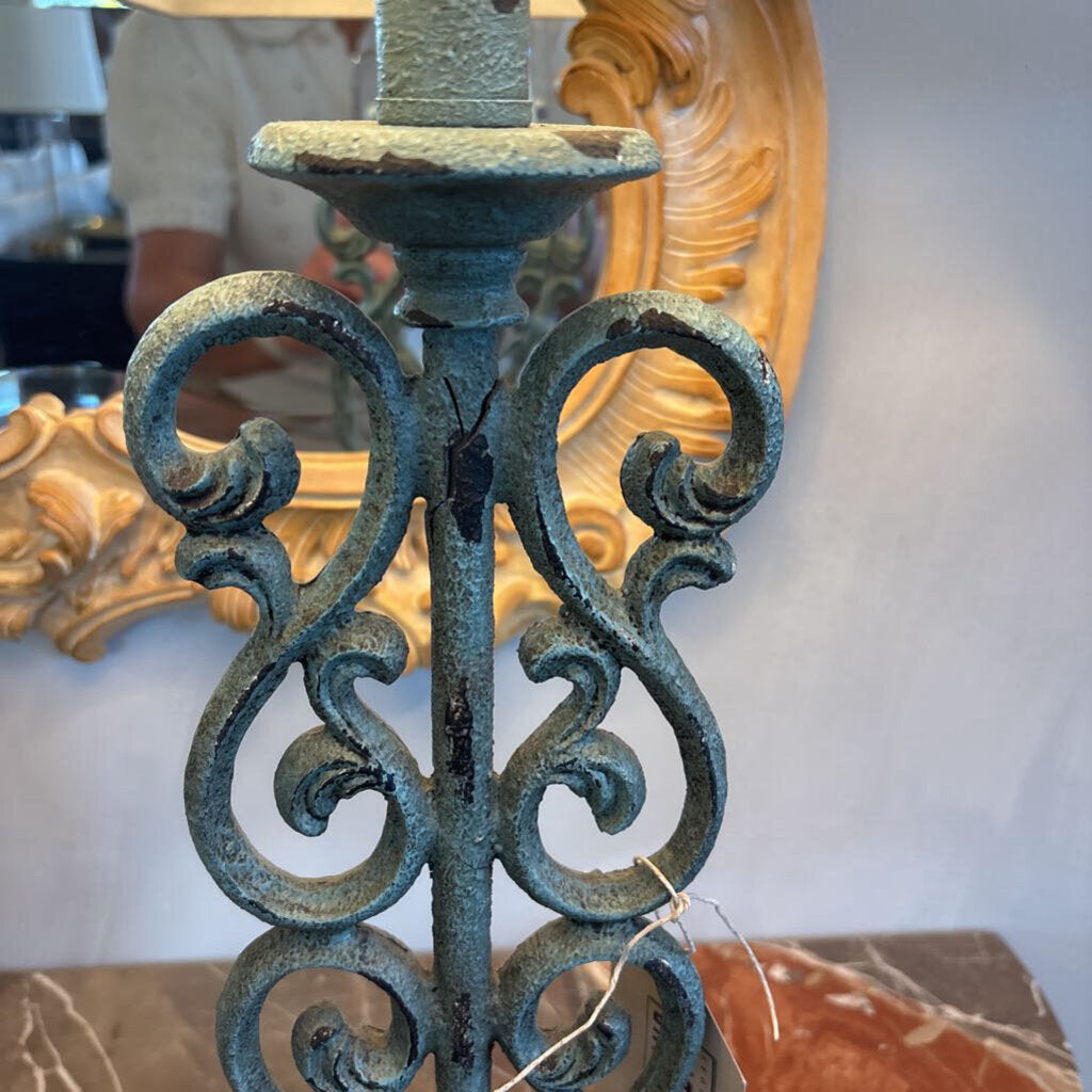 Ornate Teal Metal Lamp W/Linen Shade-26H