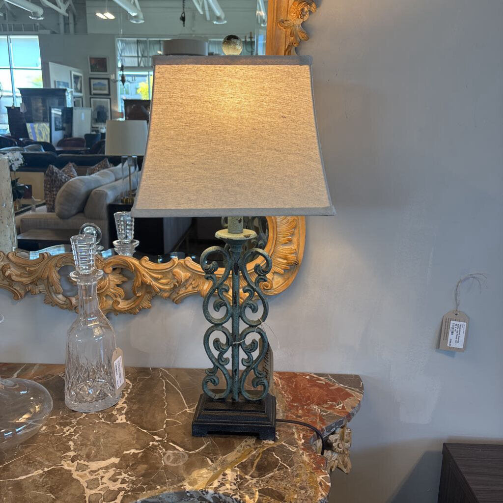 Ornate Teal Metal Lamp W/Linen Shade-26H