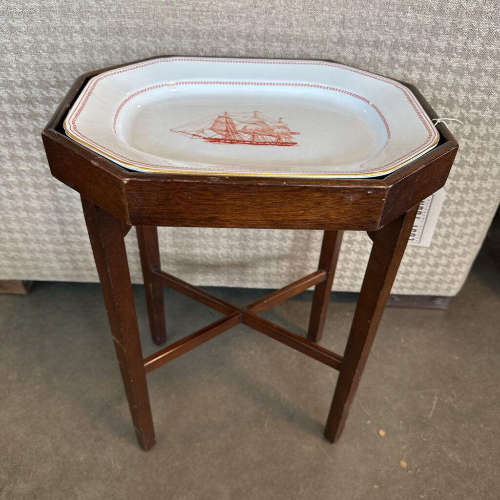 Vintage Wood Side Table W/ Spode Ship Plate - 15.5X12X20