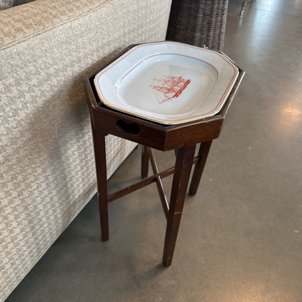 Vintage Wood Side Table W/ Spode Ship Plate - 15.5X12X20
