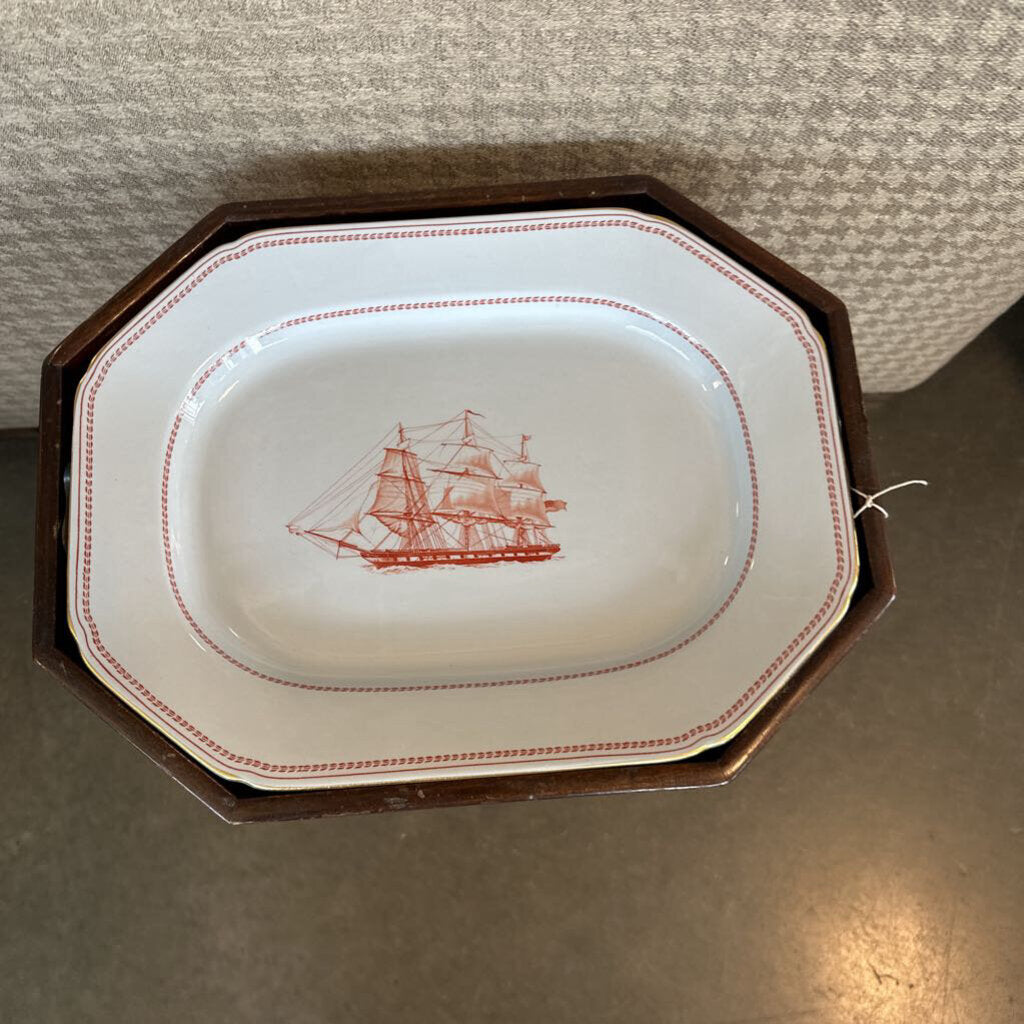 Vintage Wood Side Table W/ Spode Ship Plate - 15.5X12X20