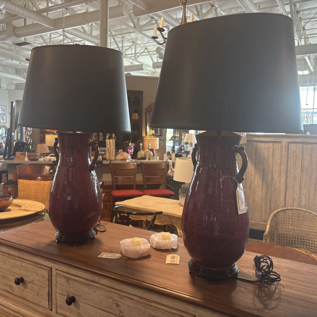 Plum Glazed Lamps W/Black Shades- Pair- 20X33H