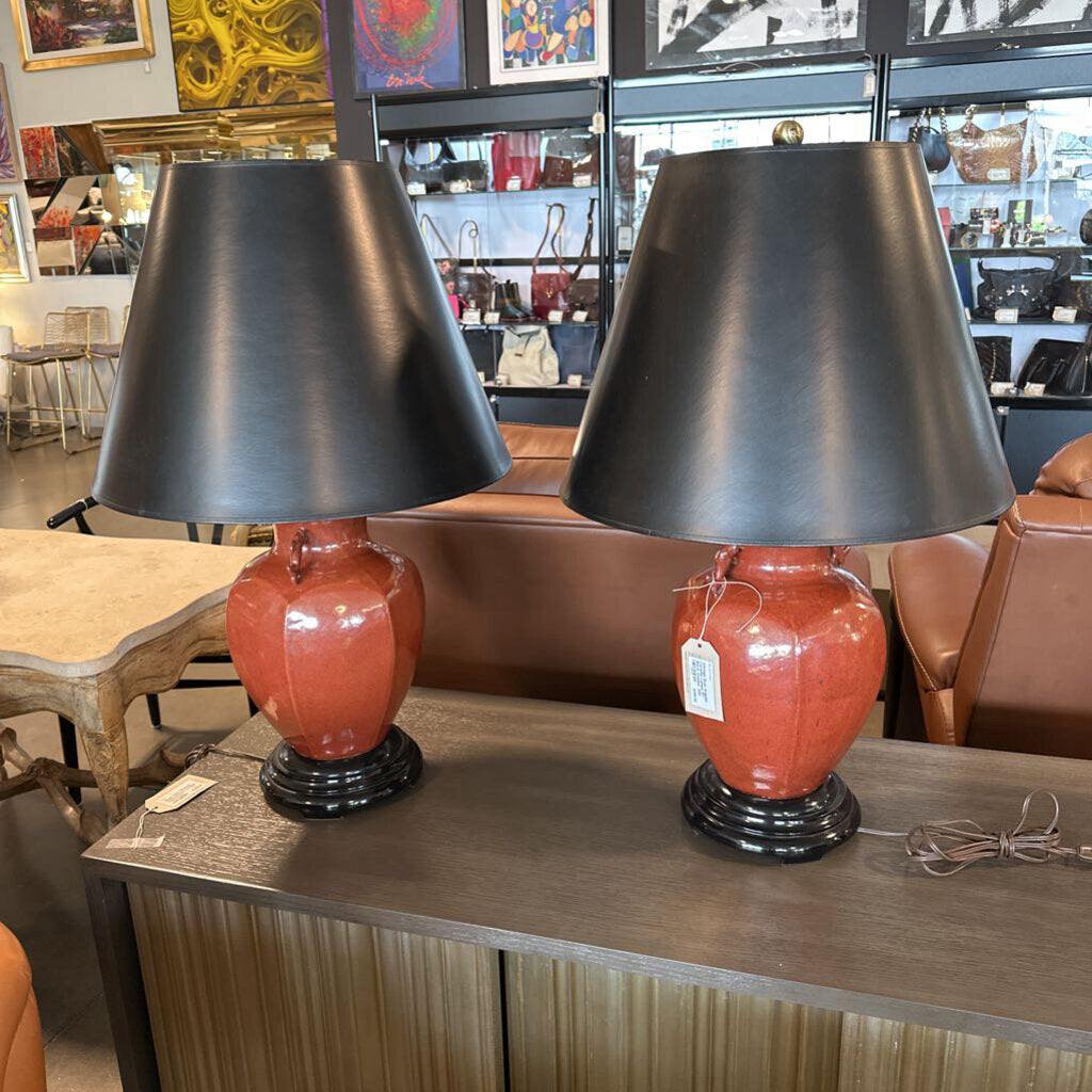 Vintage Rust Angular Ceramic Lamps W/ Black Shades- 30H