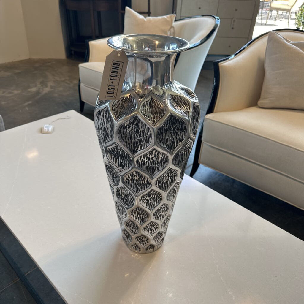 Tall "Silver" Vase W/ Etched Design - 22H