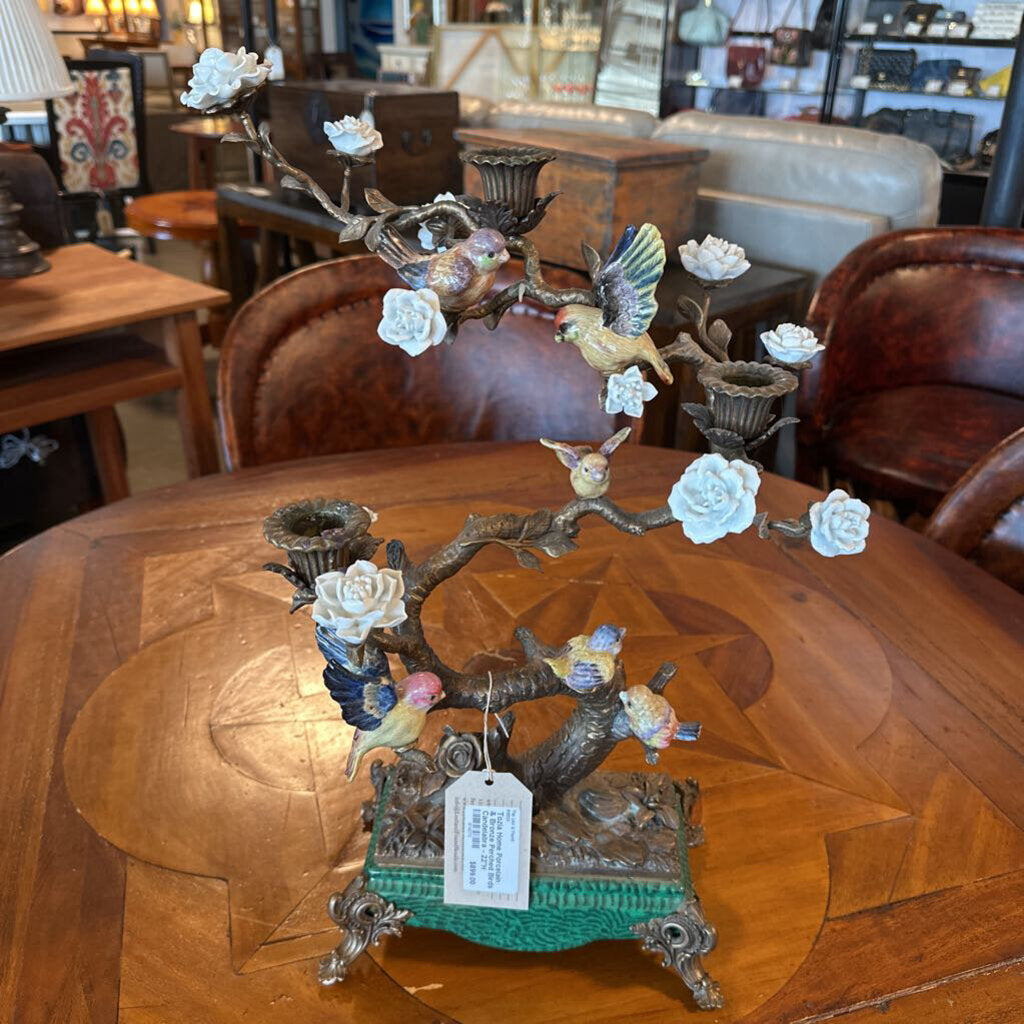 Tozia Home Porcelain & Bronze Perched Birds Candelabra - 22"H