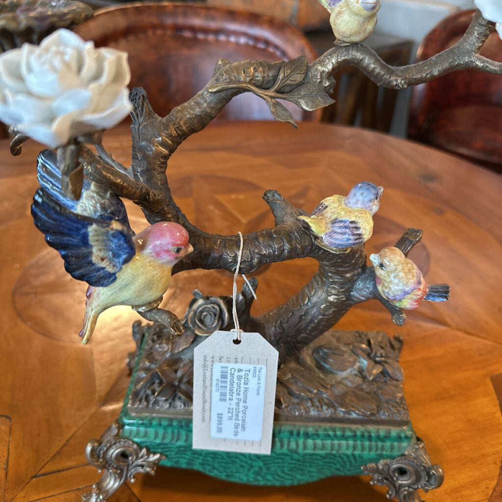 Tozia Home Porcelain & Bronze Perched Birds Candelabra - 22"H