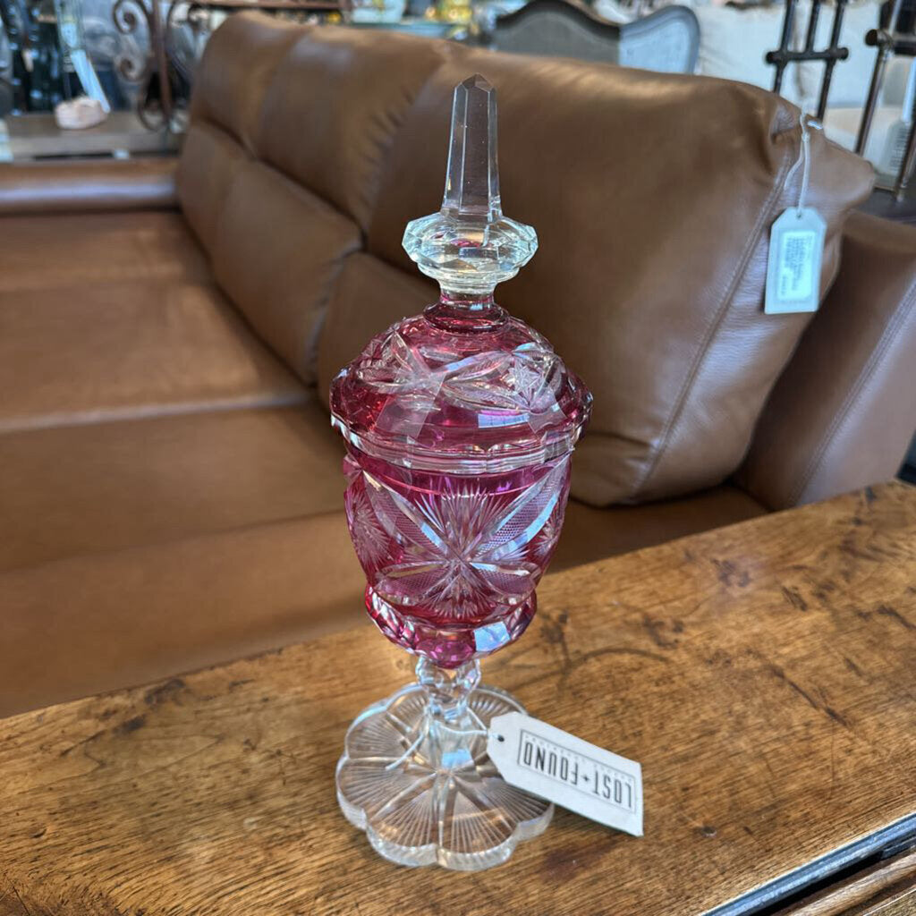 Bohemian Ruby Cut Crystal Covered Goblet - 14.5H AS-IS