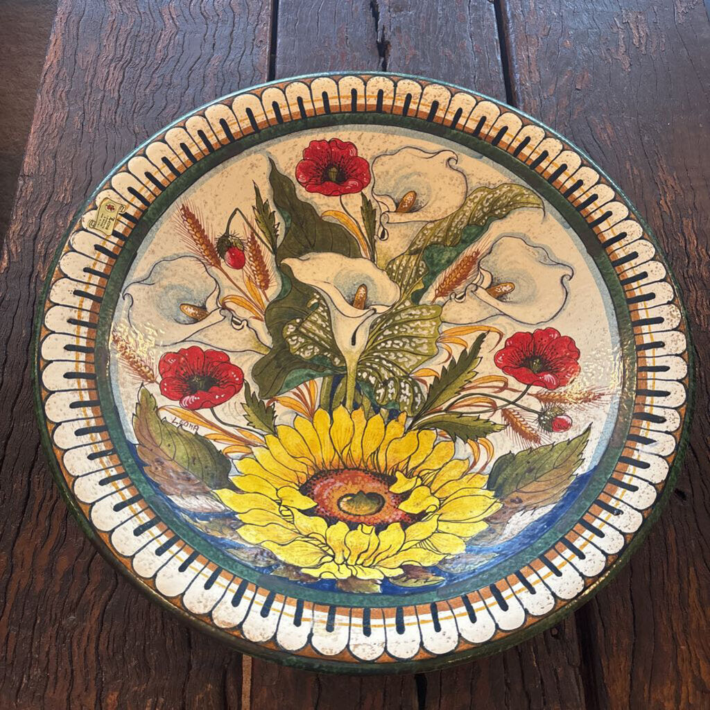 Leona Italian Pottery Vintage Round Serving Platter W/ Sunflower- 22"