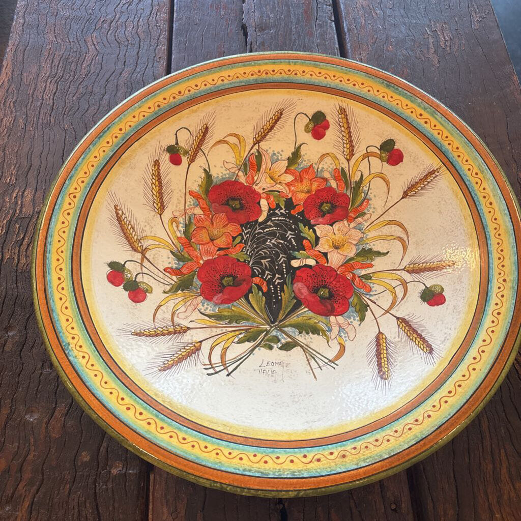 Leona Italian Pottery Vintage Round Serving Platter W/ Poppies- 22"