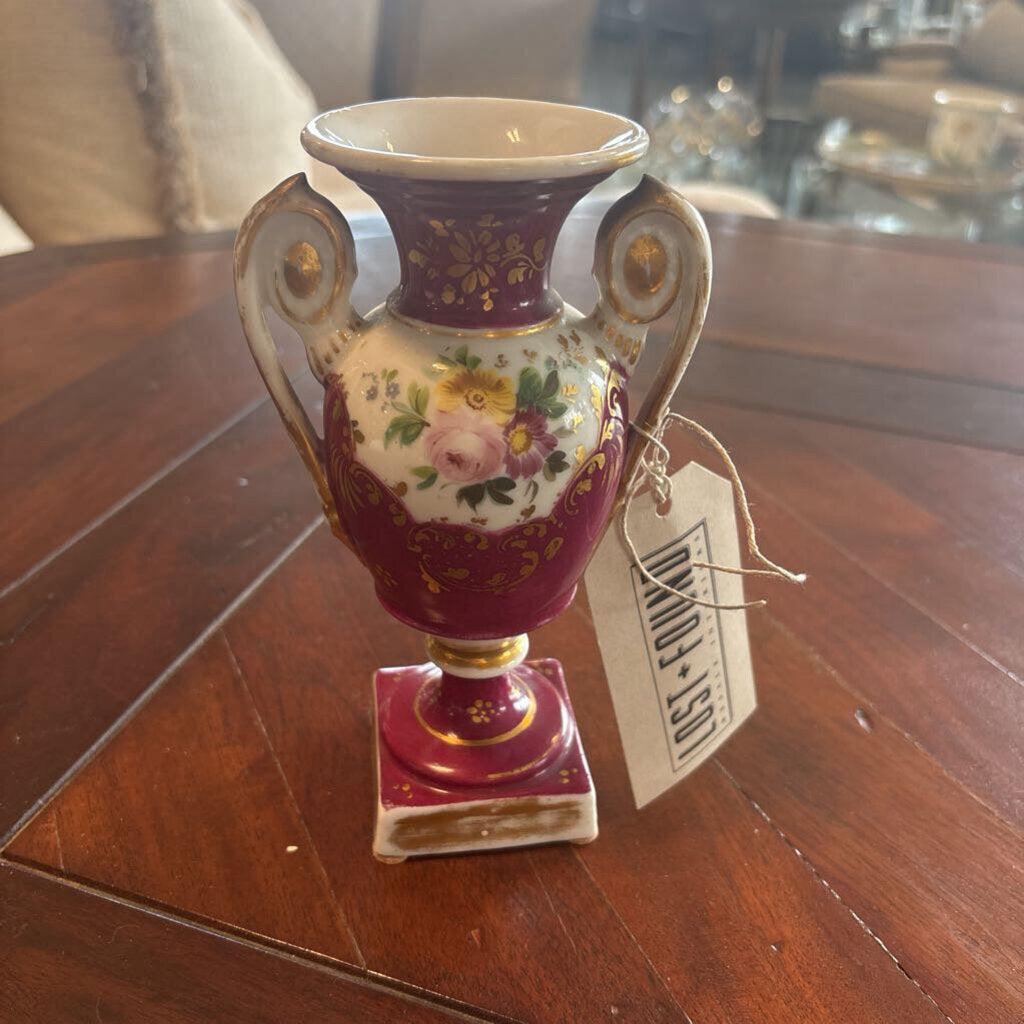 Old Paris Porcelain Red Floral Empire Style Vase- 4X7H