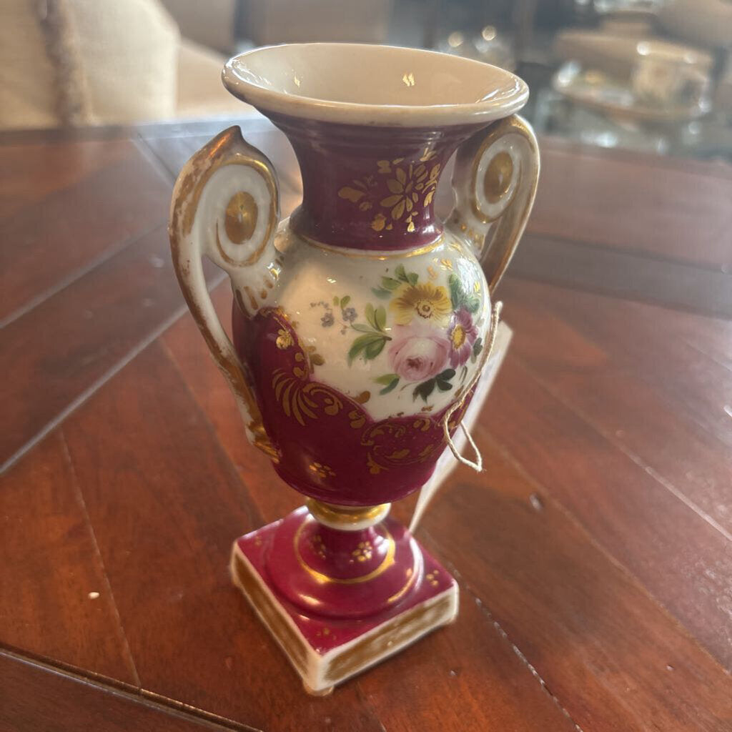Old Paris Porcelain Red Floral Empire Style Vase- 4X7H