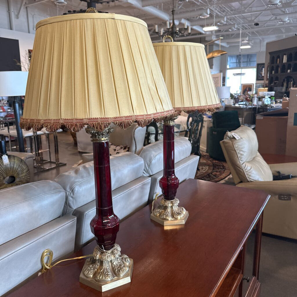 Antique Cristal & Bronze Paris Ruby Glass Table Lamps- Pair- 8X8X26H