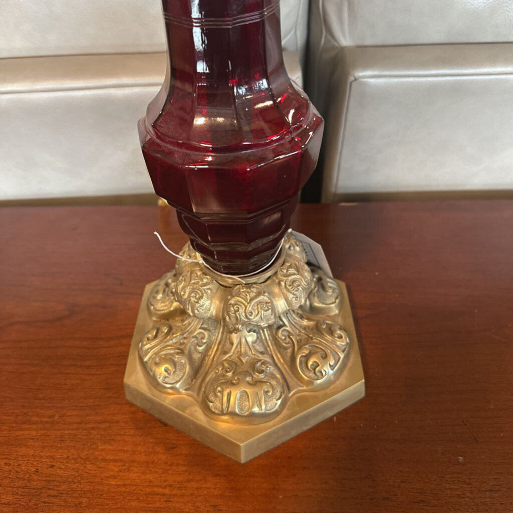 Antique Cristal & Bronze Paris Ruby Glass Table Lamps- Pair- 8X8X26H