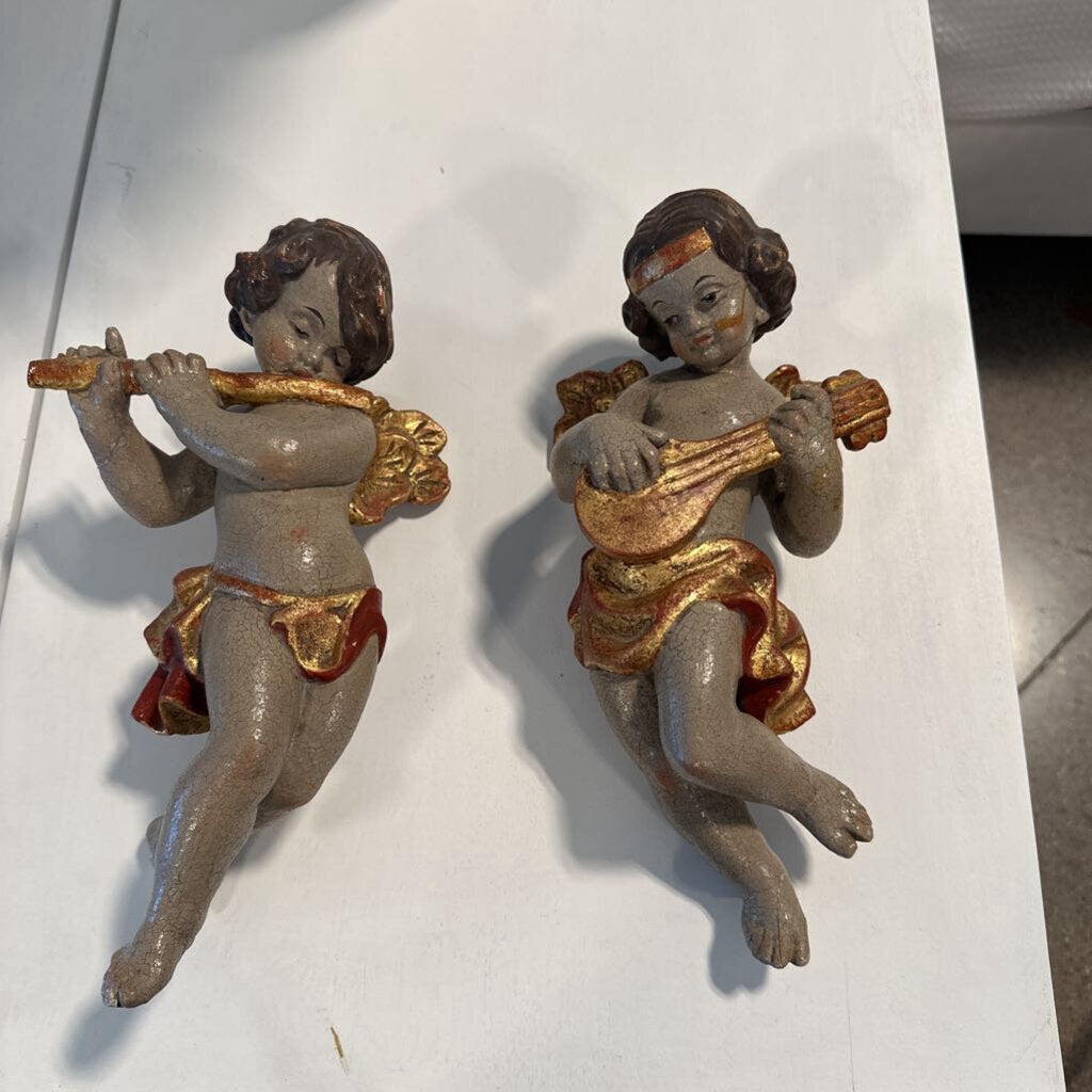 Vintage Wood Cherubs- Pair- 7X12H