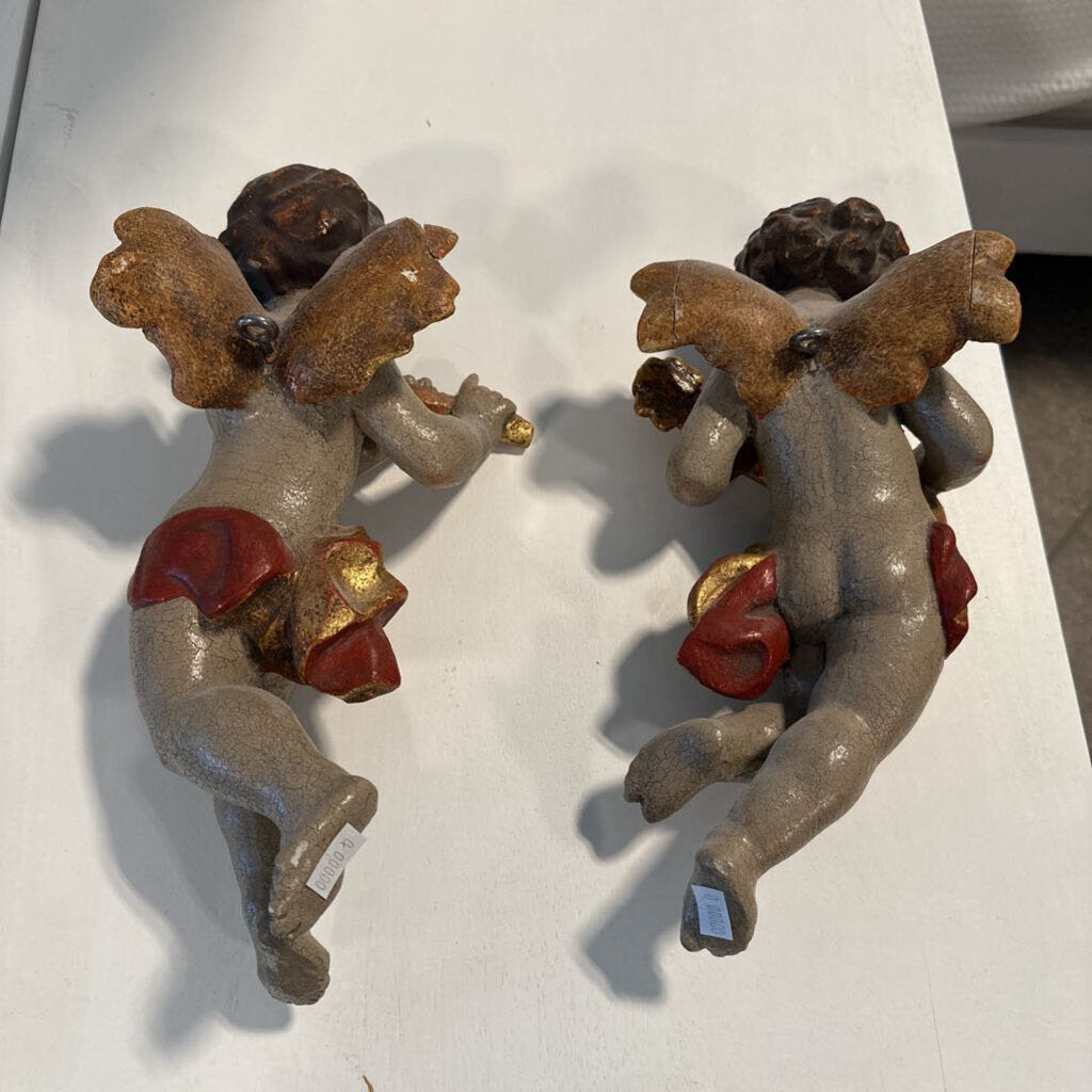 Vintage Wood Cherubs- Pair- 7X12H