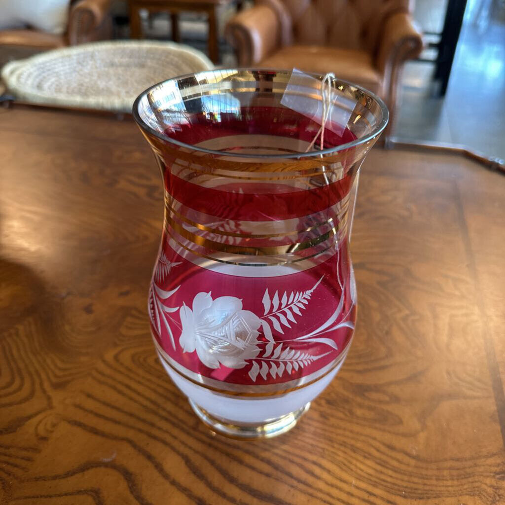 Vintage Cranberry Cut Glass Vase - 8.5"