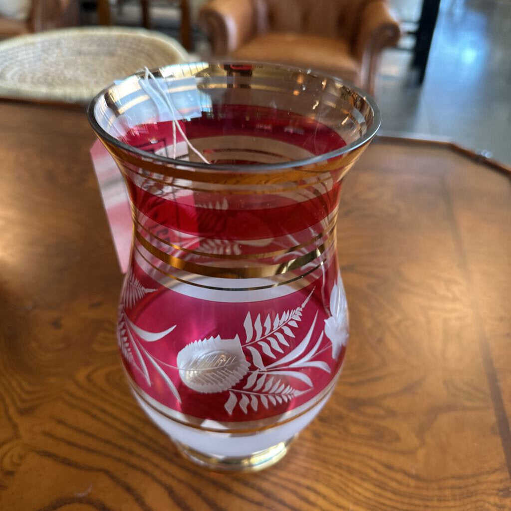 Vintage Cranberry Cut Glass Vase - 8.5"
