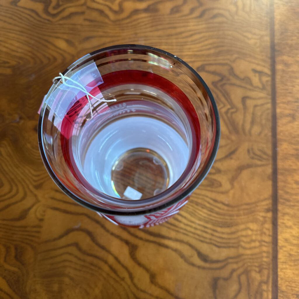 Vintage Cranberry Cut Glass Vase - 8.5"