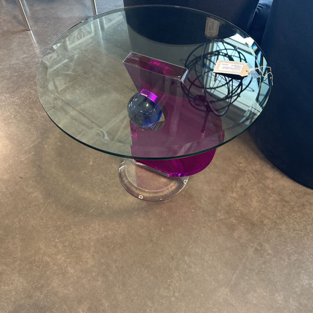 Round Side Table W/ Colorful Lucite Base- 24X21H - AS IS