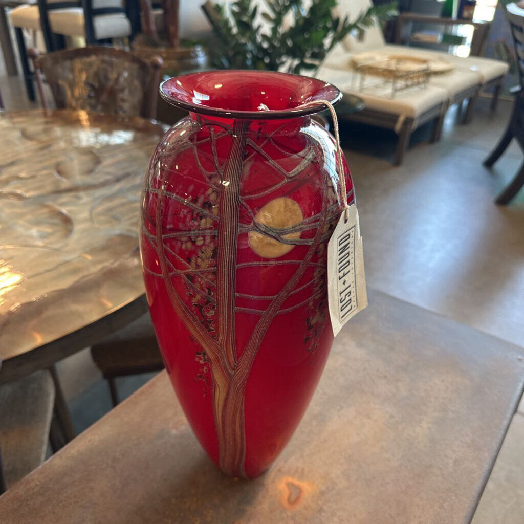 Satava Signed Red Harvest Moon Handblown Glass Vase - 15"