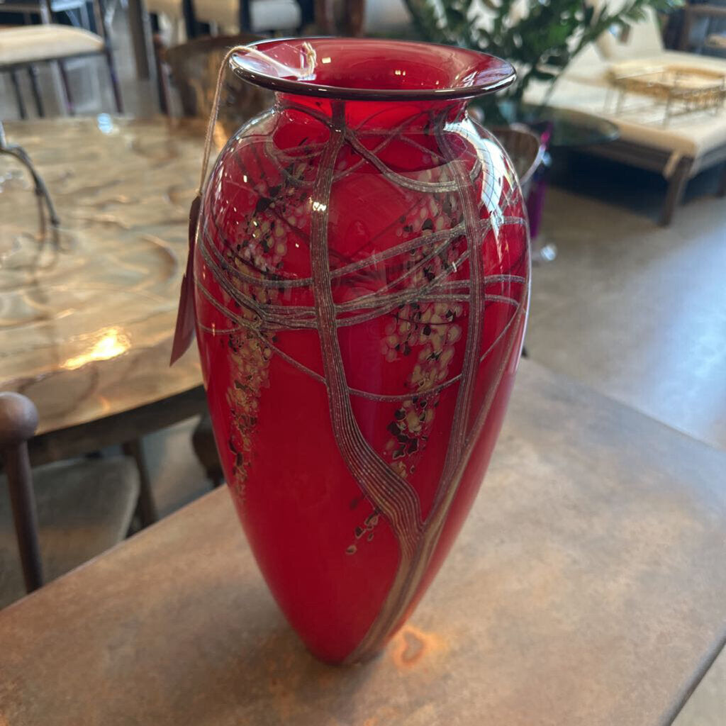 Satava Signed Red Harvest Moon Handblown Glass Vase - 15"