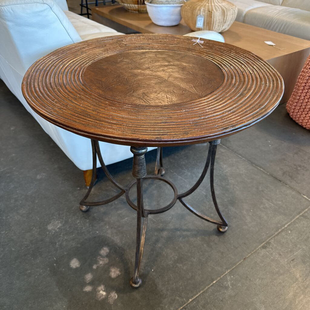 Round Wood Side Table W/ Ornate Metal Base - 28.5X26.5