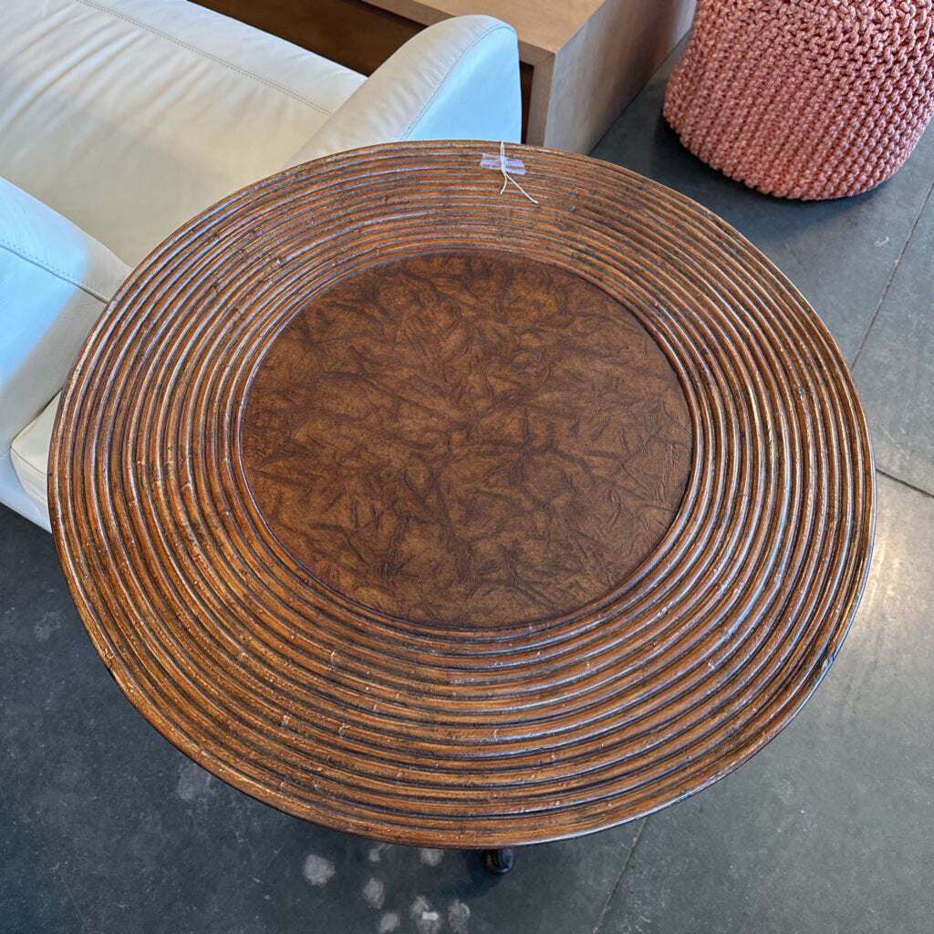 Round Wood Side Table W/ Ornate Metal Base - 28.5X26.5