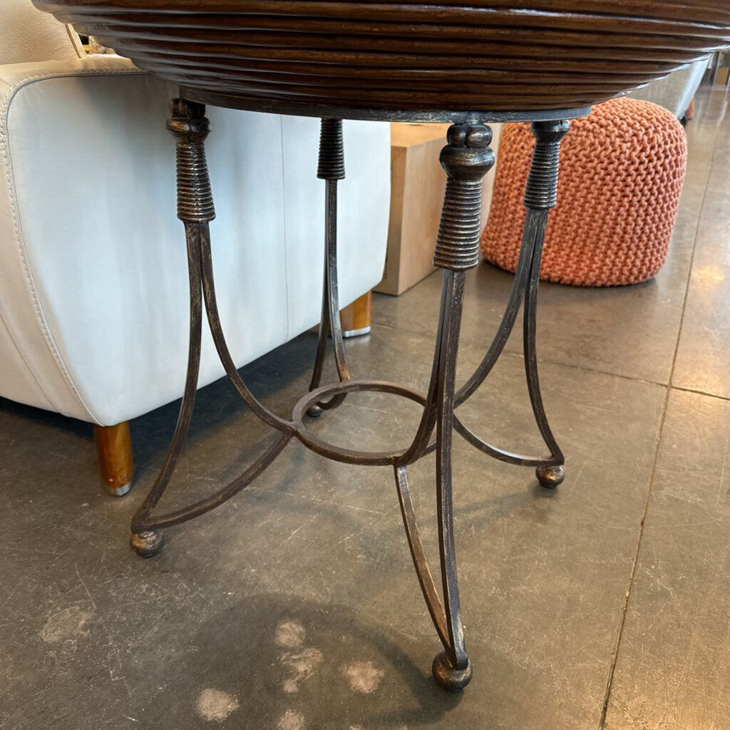 Round Wood Side Table W/ Ornate Metal Base - 28.5X26.5