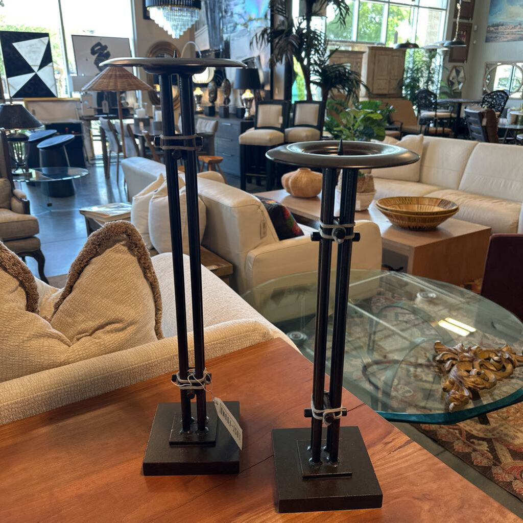 Metal & Rawhide Candlesticks-Pair