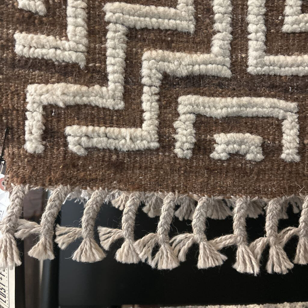 Wool Brown & White Patterned Rug- 7x8