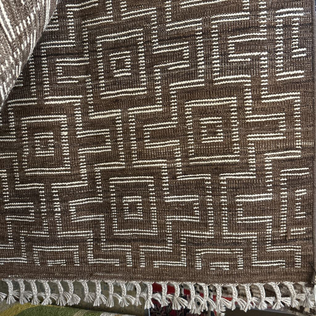 Wool Brown & White Patterned Rug- 7x8