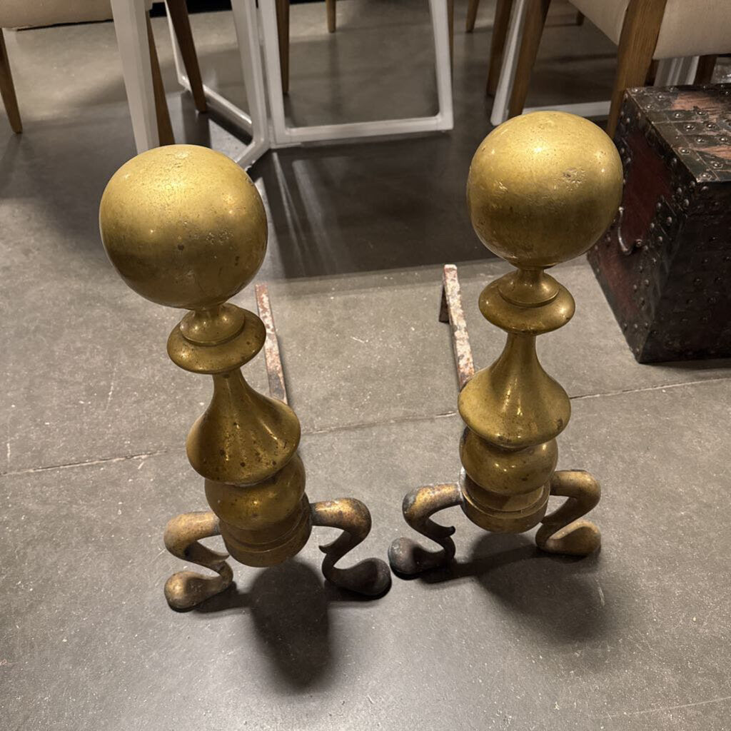 Vintage Brass Round Top Andirons- Pair- 19X9X22H