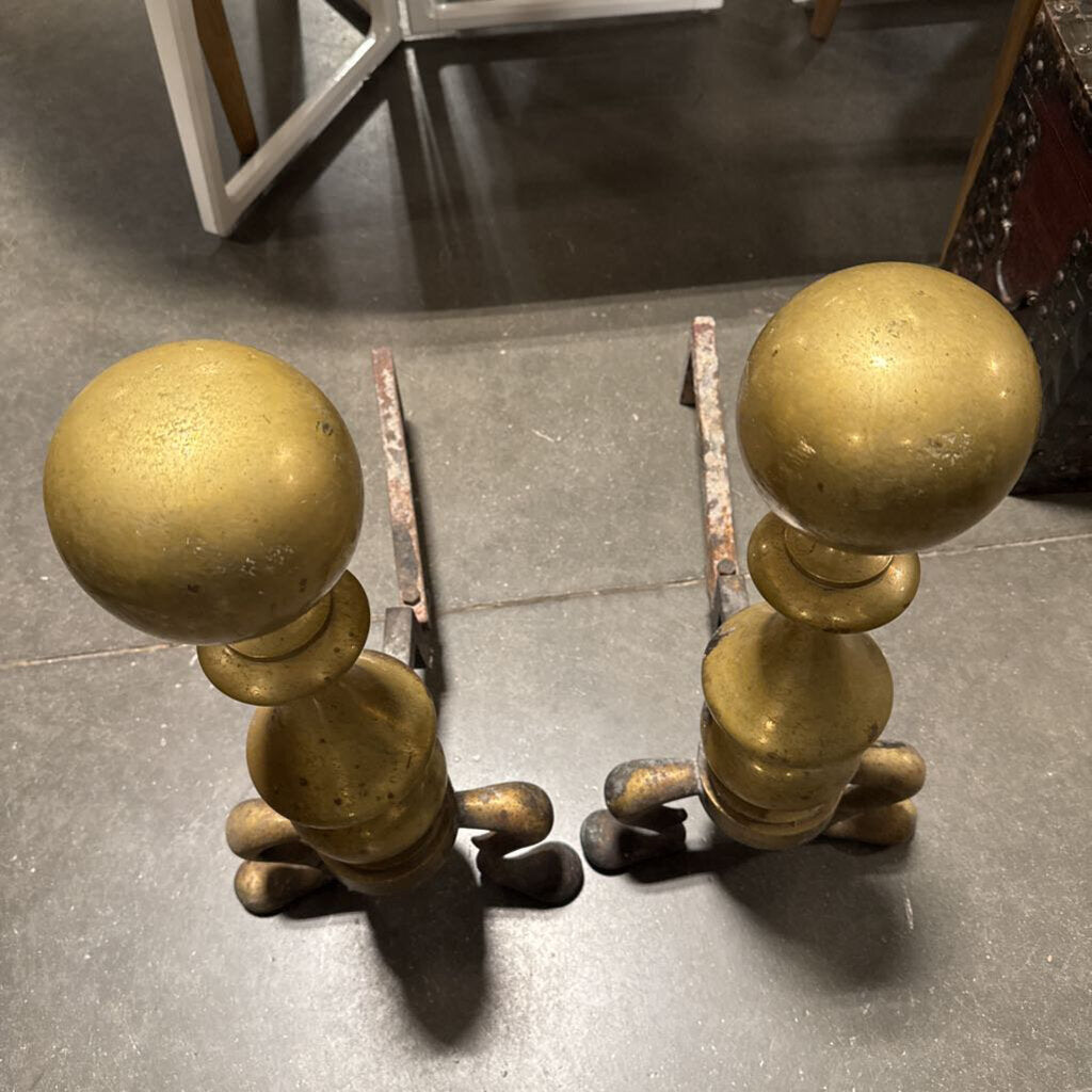 Vintage Brass Round Top Andirons- Pair- 19X9X22H