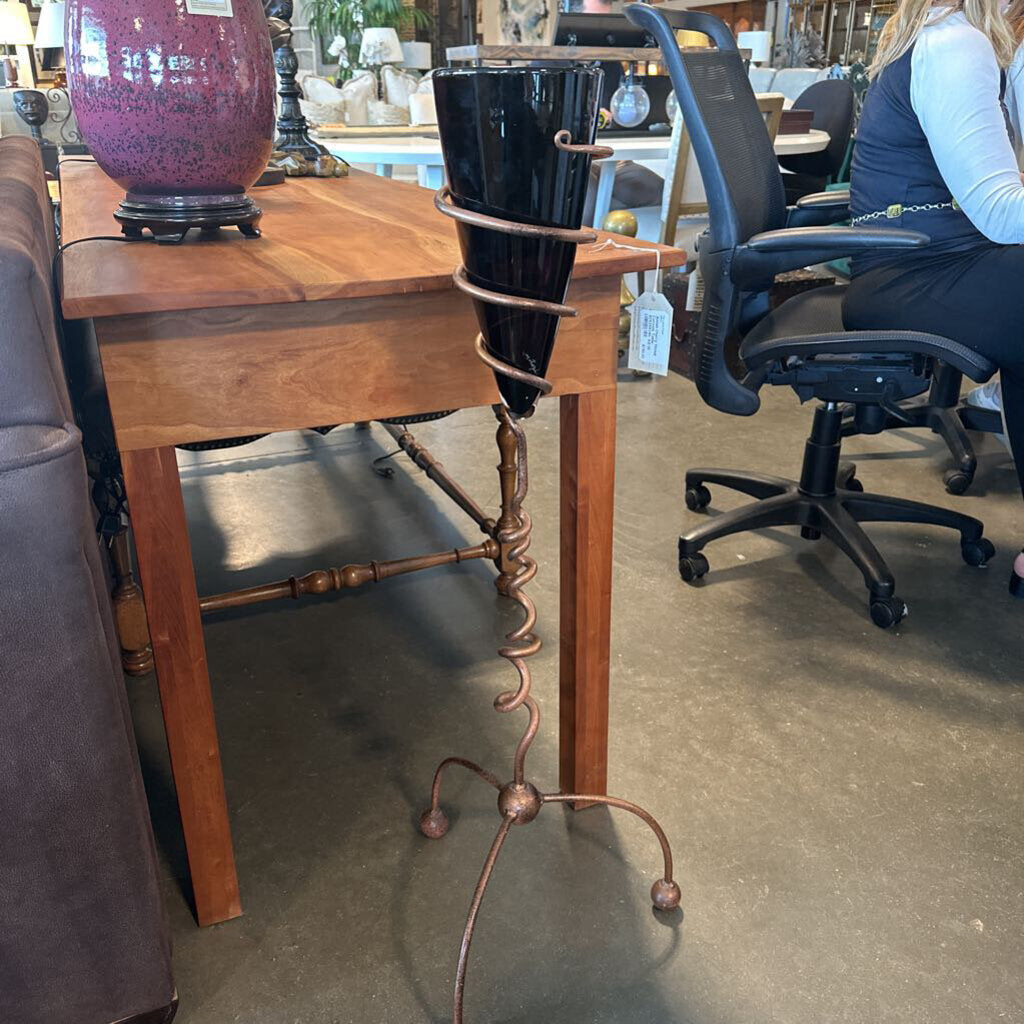 Artisan Black Glass Vase in Copper Tone Metal Stand - 14X38H