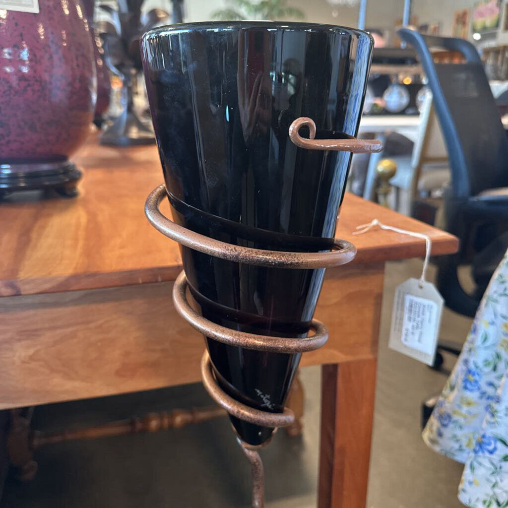 Artisan Black Glass Vase in Copper Tone Metal Stand - 14X38H