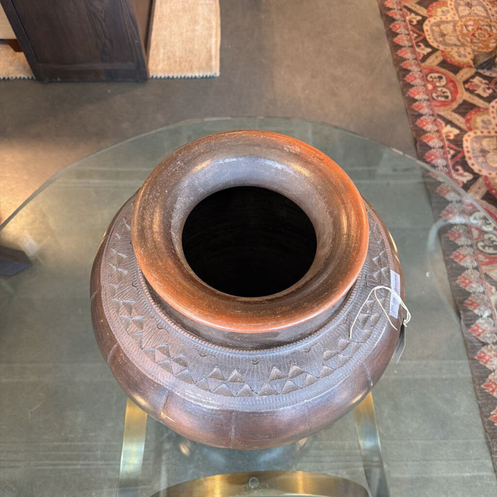Brown Ceramic Vase W/ Etching- 15X19