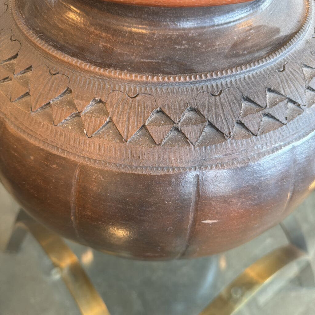 Brown Ceramic Vase W/ Etching- 15X19