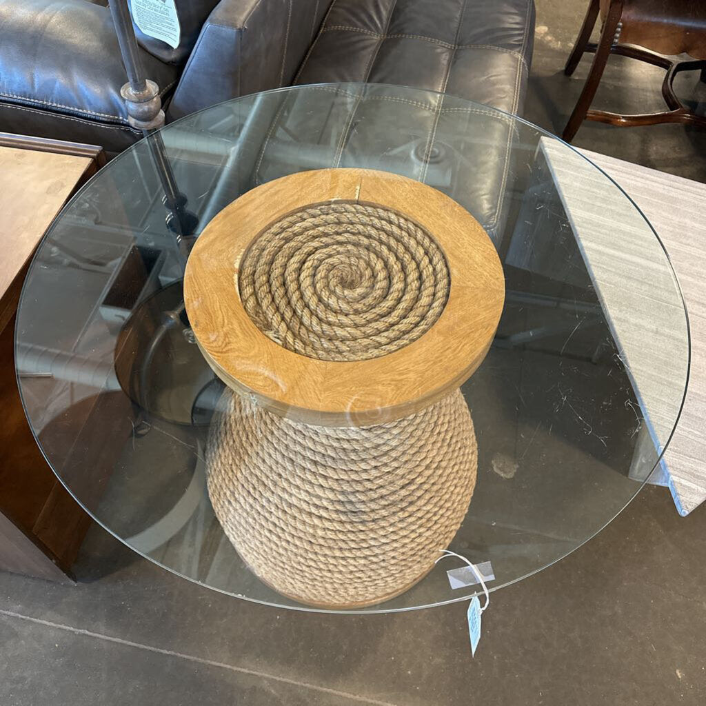 Round Glass Top Twine Wrapped Base Table - 35.5X29.5