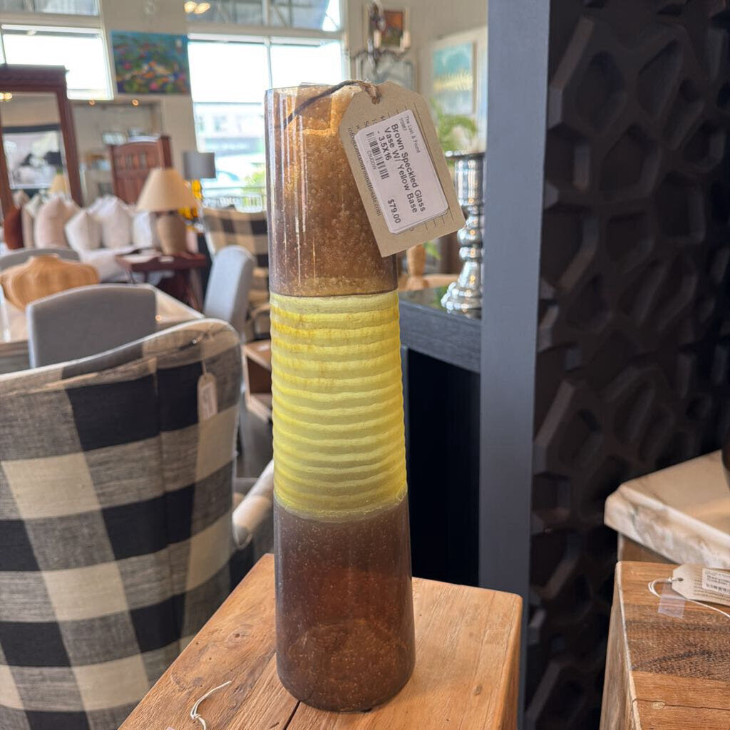 Brown Speckled Glass Vase W/ Yellow Base - 3.5X16