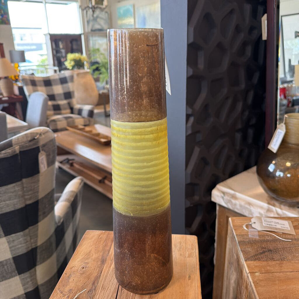 Brown Speckled Glass Vase W/ Yellow Base - 3.5X16
