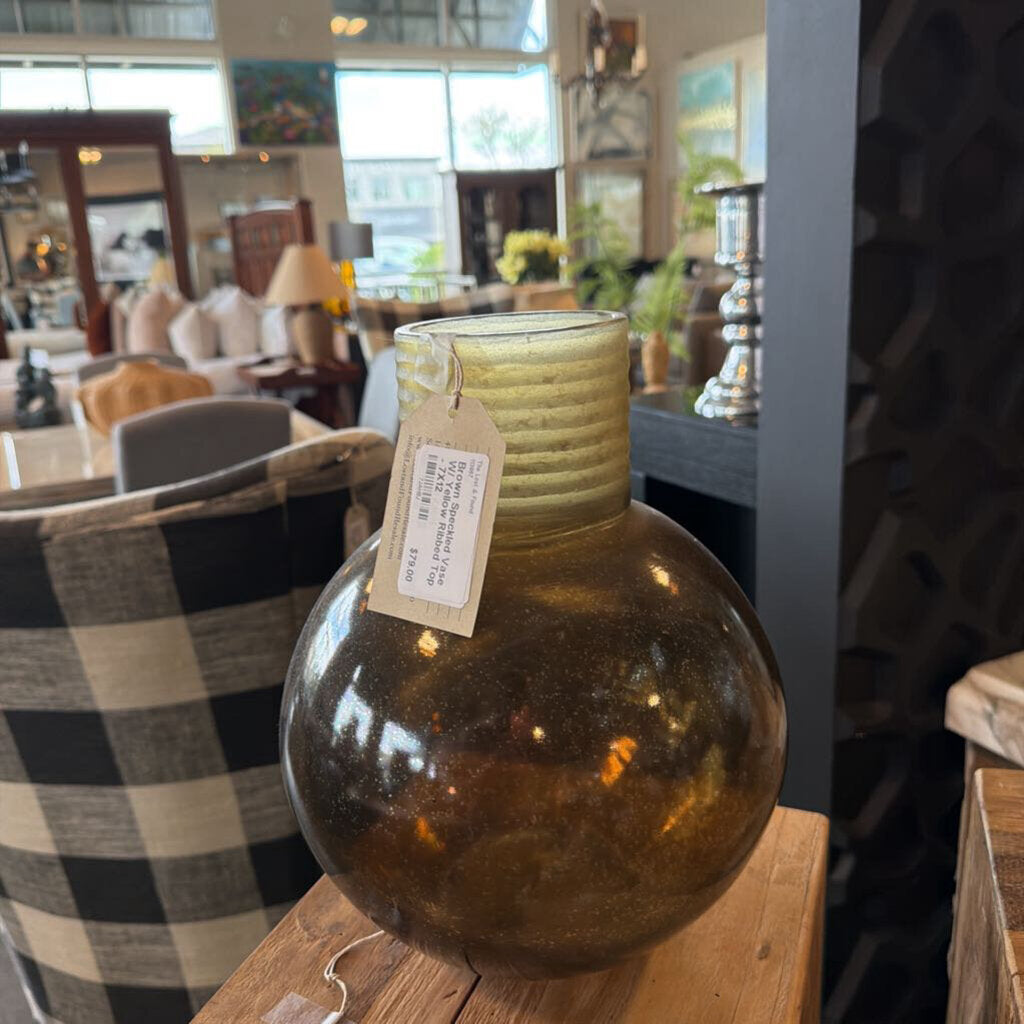 Brown Speckled Vase W/ Yellow Ribbed Top - 7X12