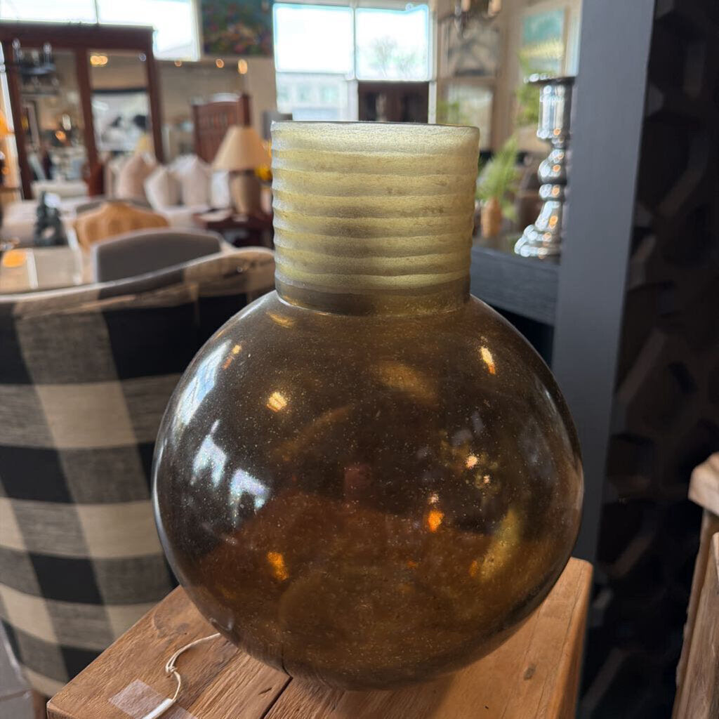 Brown Speckled Vase W/ Yellow Ribbed Top - 7X12