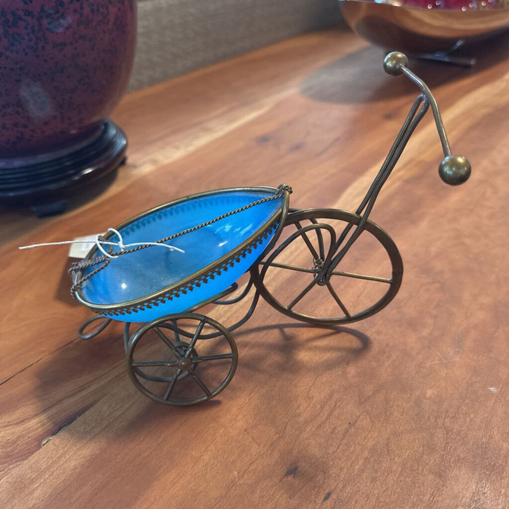 Vintage Bicycle W/ French Blue Glass Basket - 7X4X6H