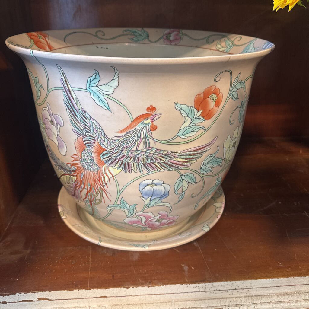Vintage Chinoiserie Fishbowl W/ Drip Tray- 16.5X14.5H