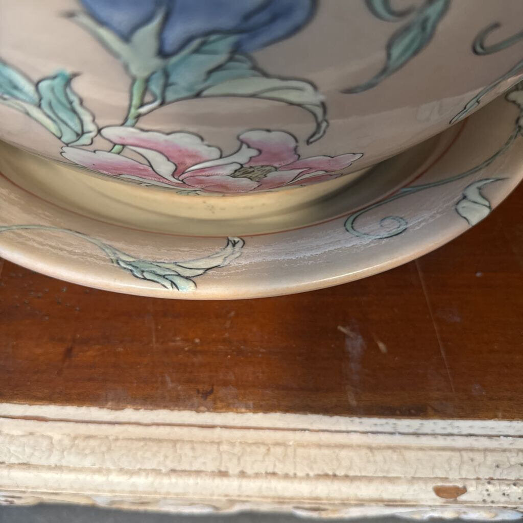Vintage Chinoiserie Fishbowl W/ Drip Tray- 16.5X14.5H