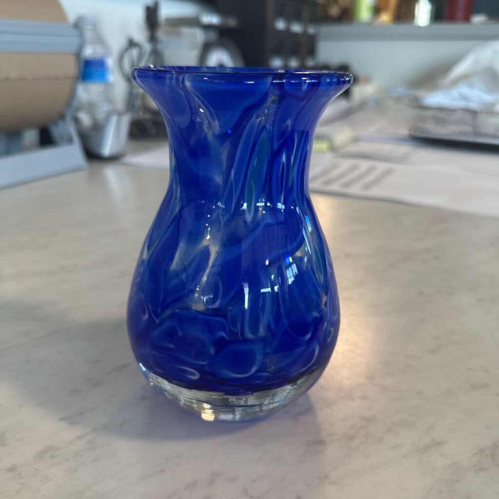 Blue Murano Style Glass Vase- 3.5X6H