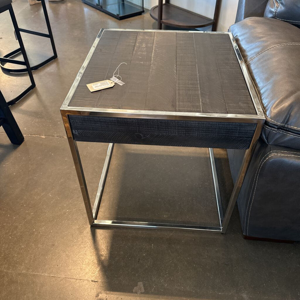 Bernhardt Grey Wood & Chrome Side Table- 24X26X25H
