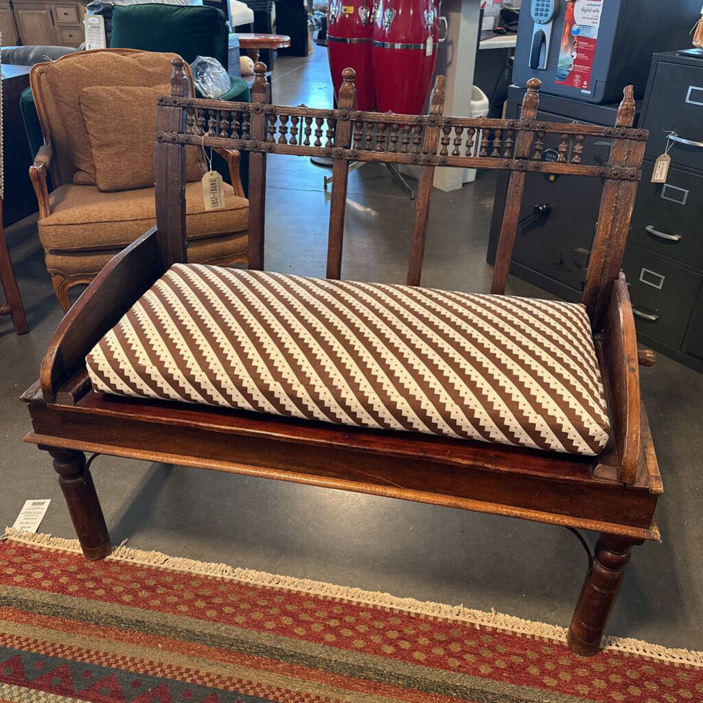 Rustic Indian Ox Cart Bench W/ Cushion- 48X21X39H