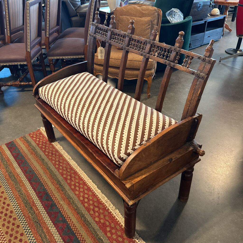 Rustic Indian Ox Cart Bench W/ Cushion- 48X21X39H