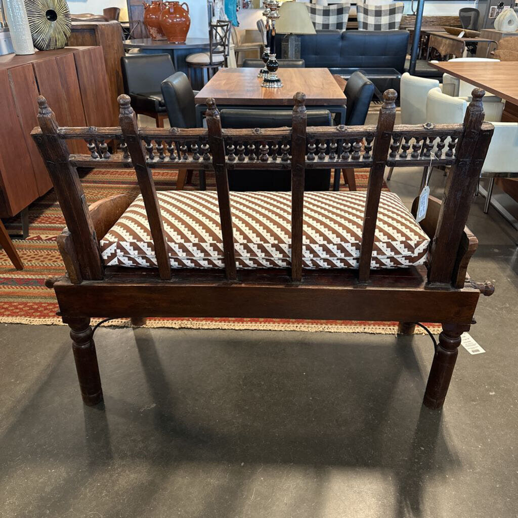 Rustic Indian Ox Cart Bench W/ Cushion- 48X21X39H